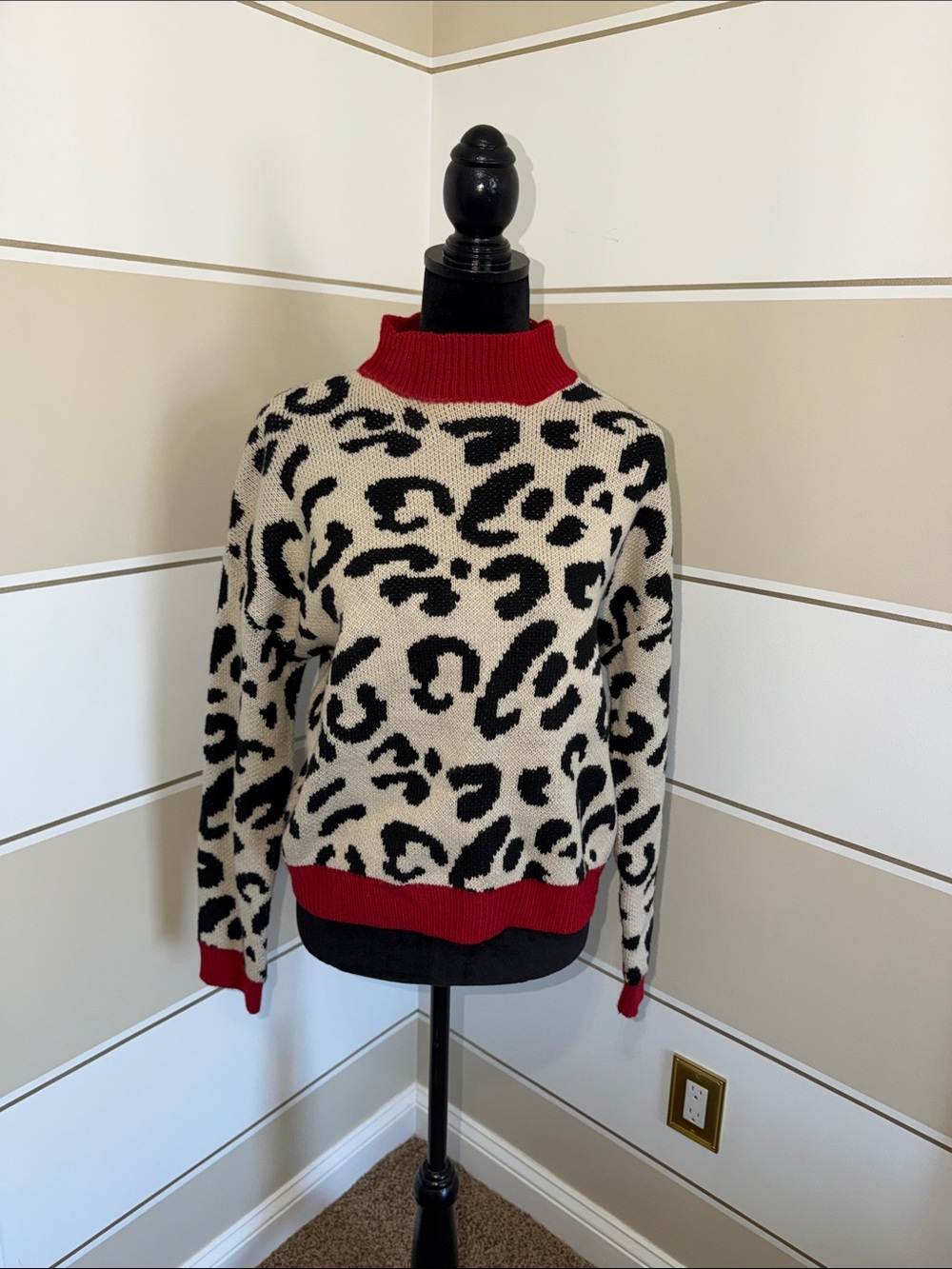 SHEIN Black & Cream Leopard Turtleneck Sweater with Red Trim